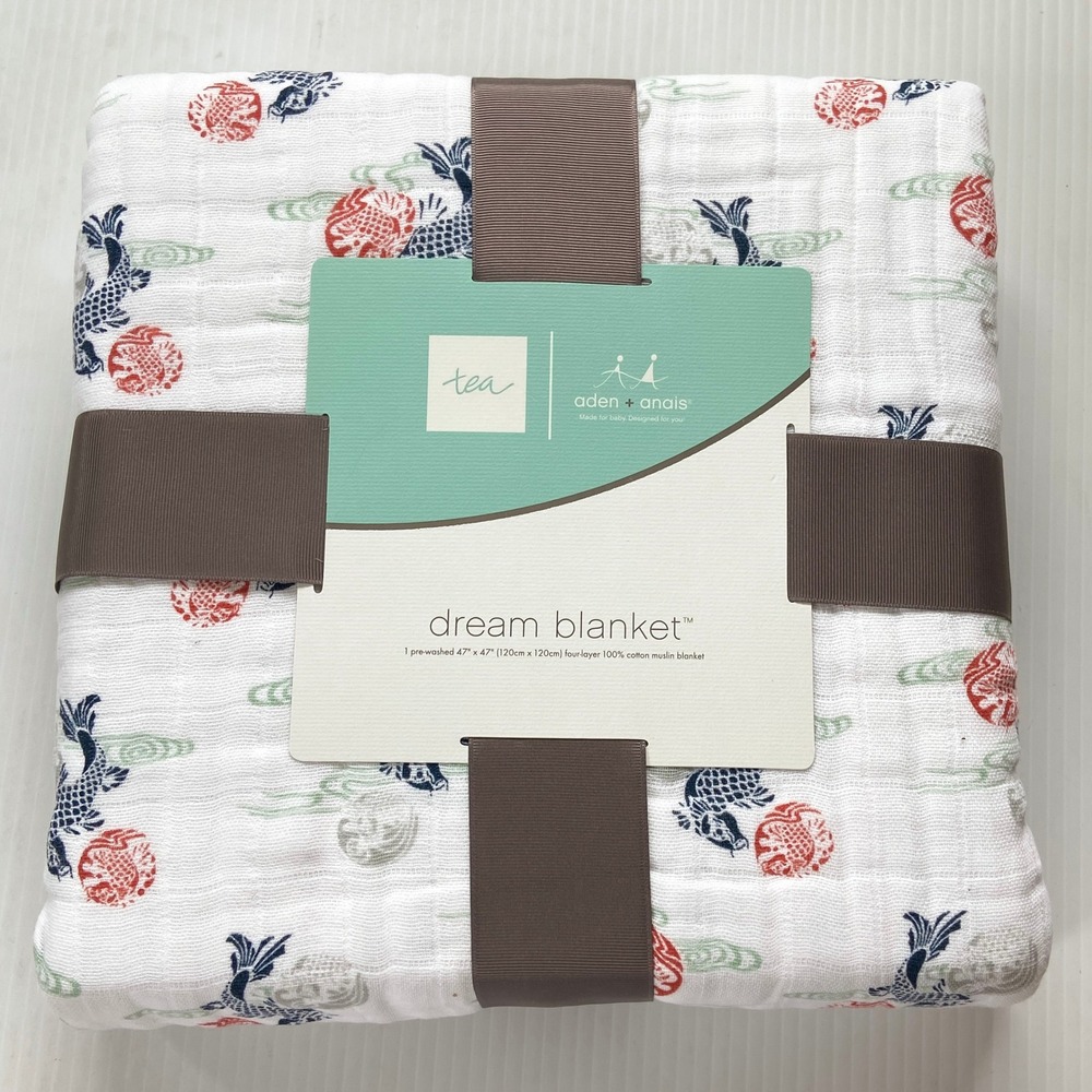 Aden + Anais Tea Collection Dream Blanket Cotton Muslin 47x47 Fish Pond NEW